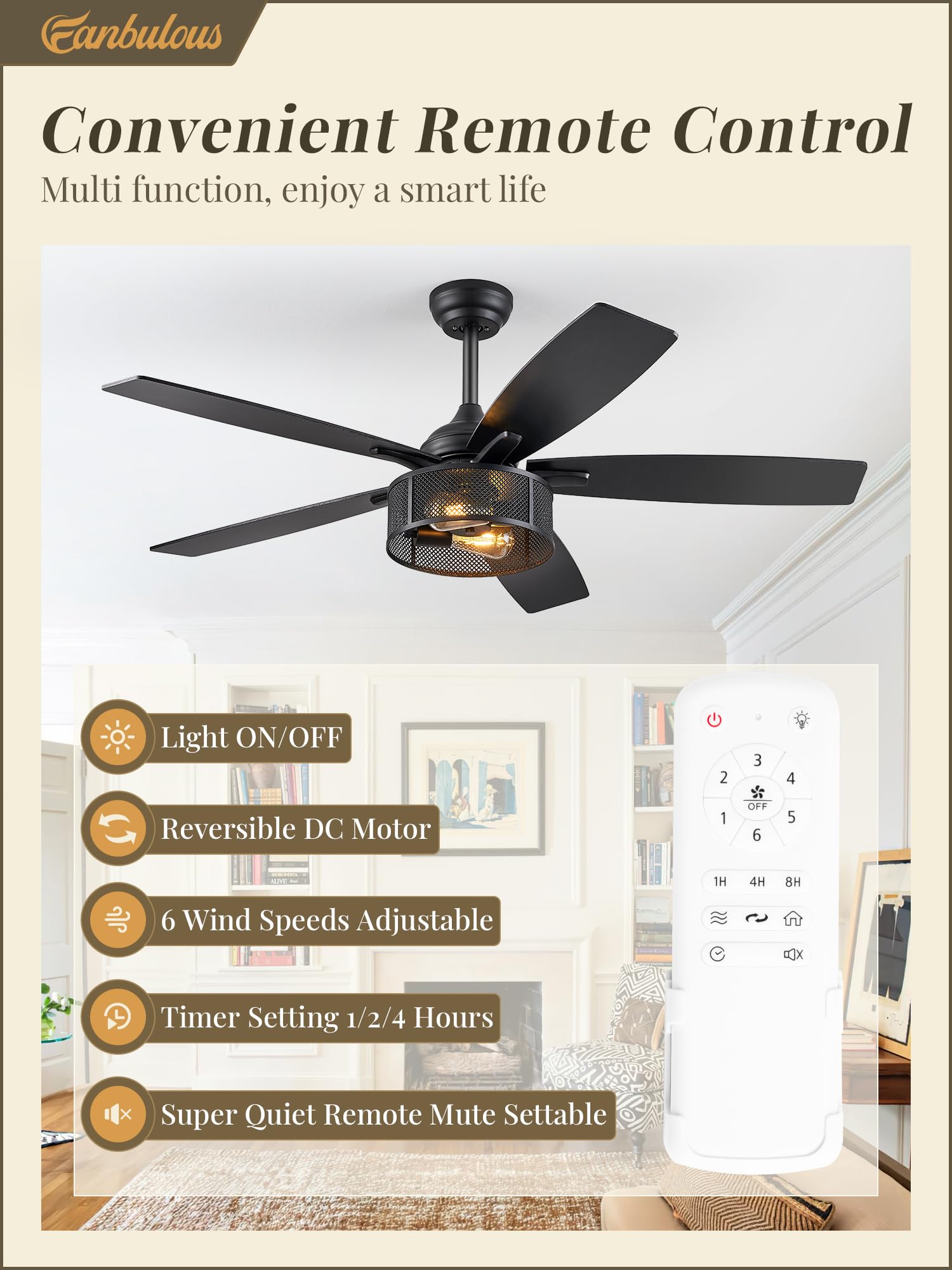 Farmhouse Ceiling Fans With Lights And Remote, 52 Inch Black Industrial Caged Ceiling Fans For Bedroom Living Room Kitchen, 6 Sp