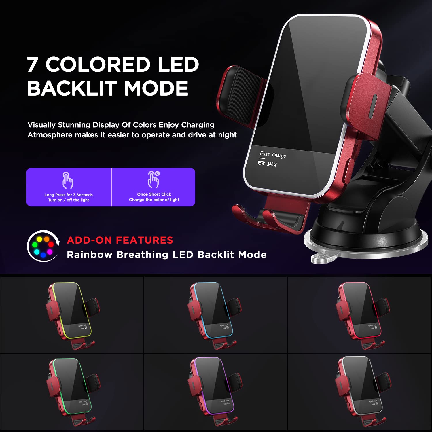 Wireless Car Charger,?7 Colored Rgb Backlit?Mosurr 15W Auto Clamping Car Charger Phone Mount Holder Fit For Iphone 15 14 13 12 M