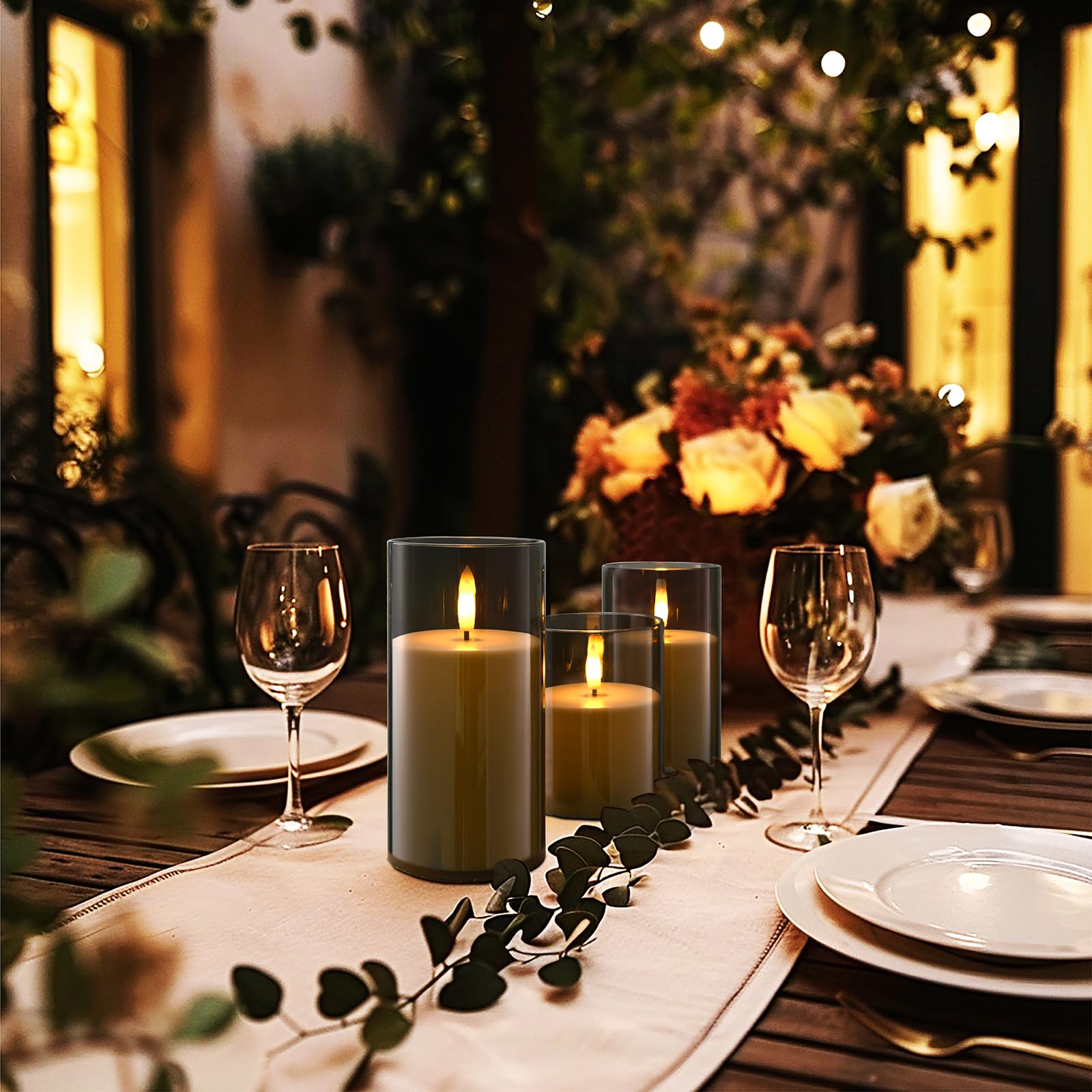 Hausware Set Of 3 Flameless Candles Battery Operated Led Flickering Electric Candles With Realistic 3D Buld And Remote Control T