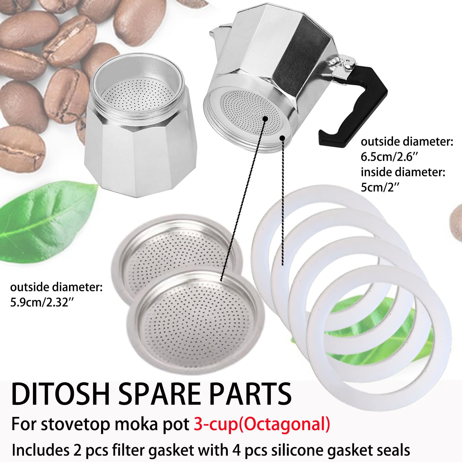 Ditosh 2 Pcs Filter With 4 Pcs Silicone Gasket Seals For 3 Cup Stovetop Espresso Coffee Maker Replacement Parts For Ditosh Alumi