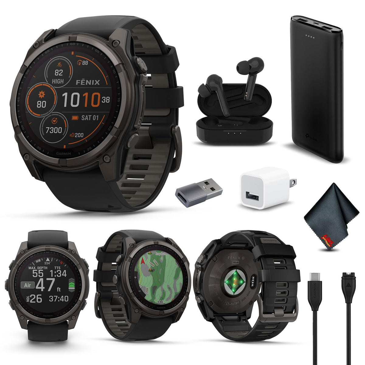 Garmin Fenix 8 51Mm Solar Sapphire Multisport Gps Smartwatch Carbon Gray Dlc Titanium With Black Gray Silicone Band, Built-In Le