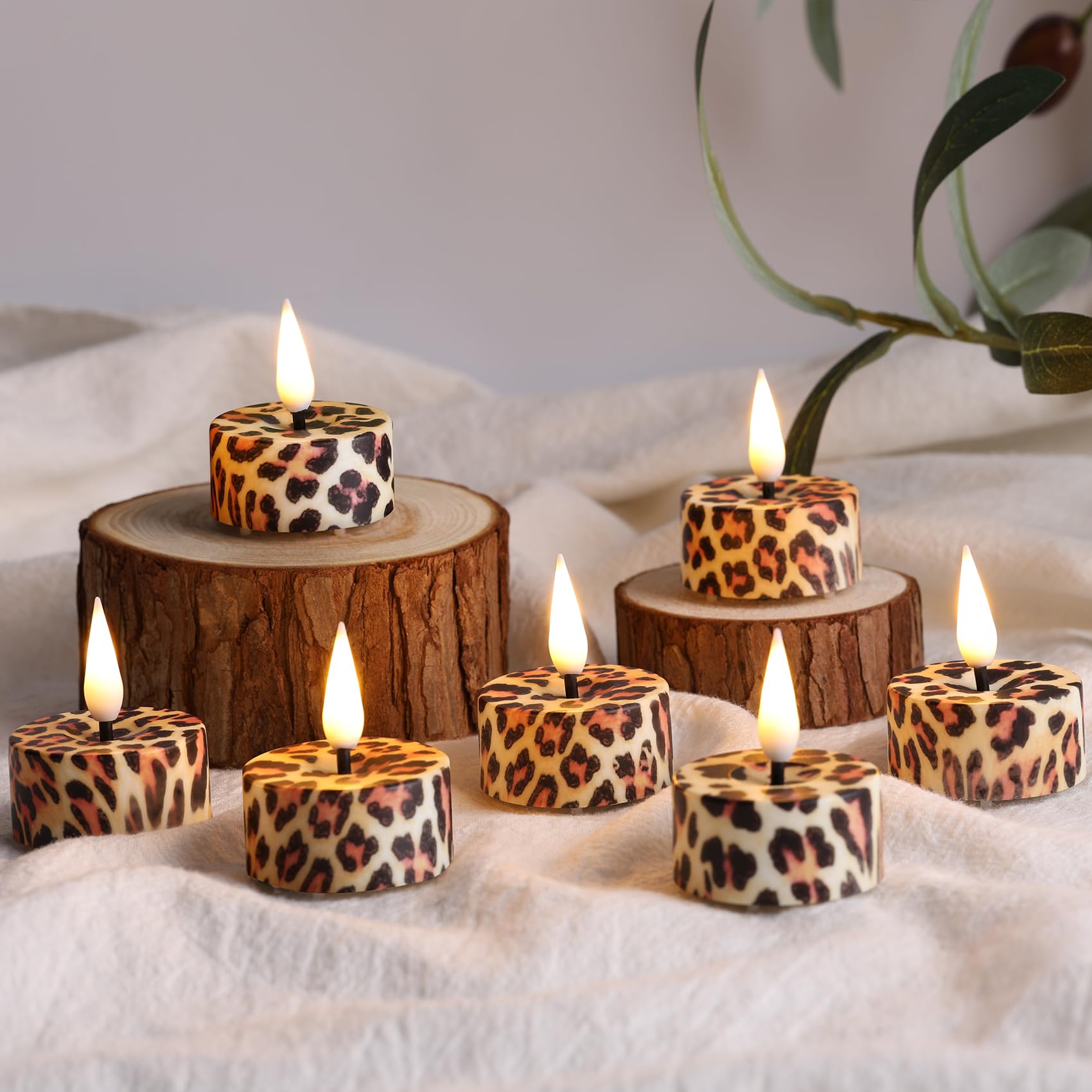 Eywamage Leopard Animal Pattern Flameless Tealights With Remote Batteries Included, Flickering Plastic Led Tea Votive Candles Se