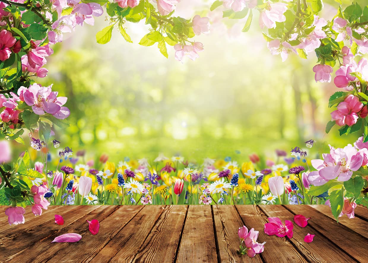 Alltten 7X5Ft Spring Backdrop Spring Pink Flowers Photography Backdrop Nature Backdrop Easter Wood Floor Photo Backdrop Baby Sho