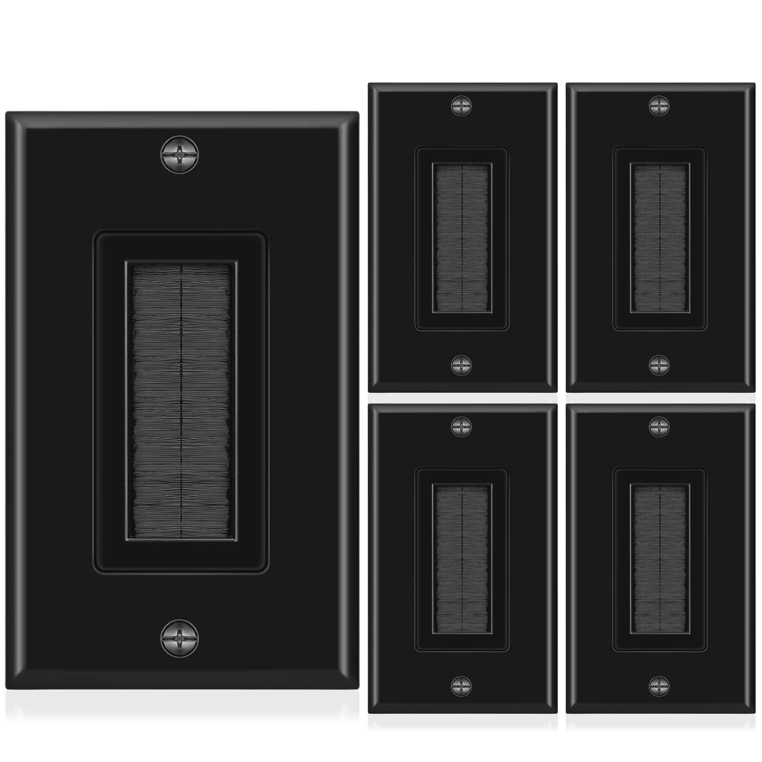 TNP 5 Pack Brush Wall Plate - Single Gang Cable Entry Access Brush Bristles Style Strap Opening Port Insert Socket Wiring Plug J