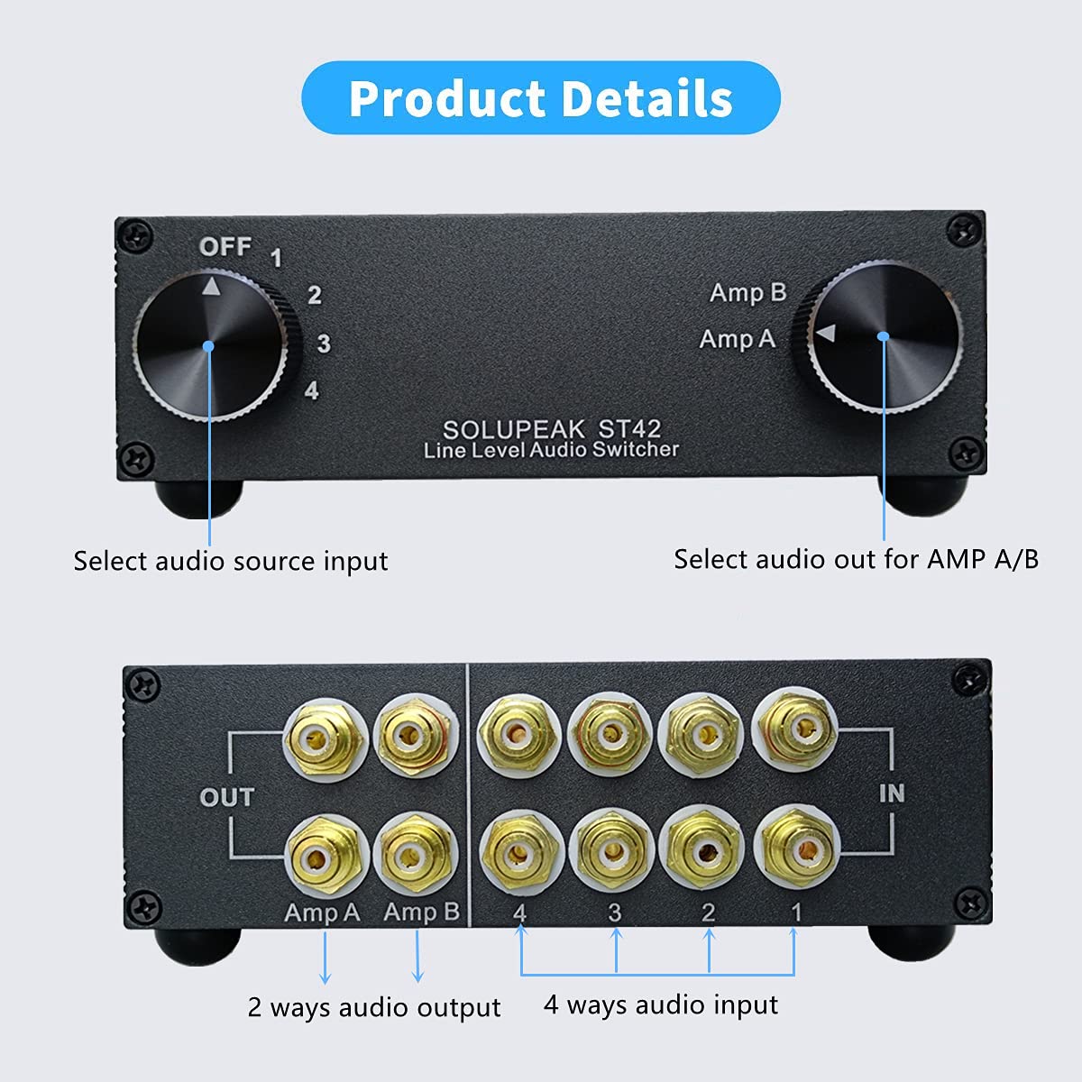 Solupeak St42 4 Way Rca Audio Switch Source Signal Input Switcher Selector Splitter Box (4 In 2 Out)