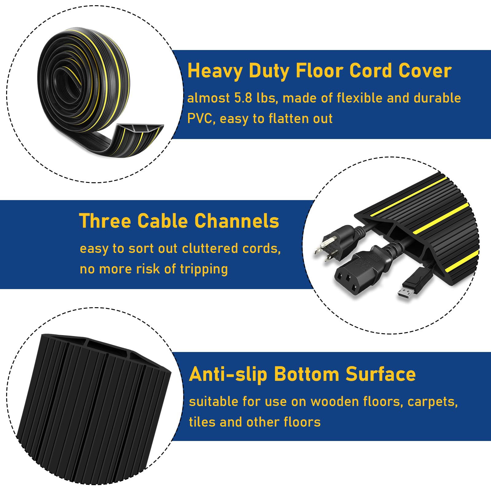 Gudui 10 ft Heavy Duty 3-Channel Floor Cord Cover Cable Protector Rubber PVC Black