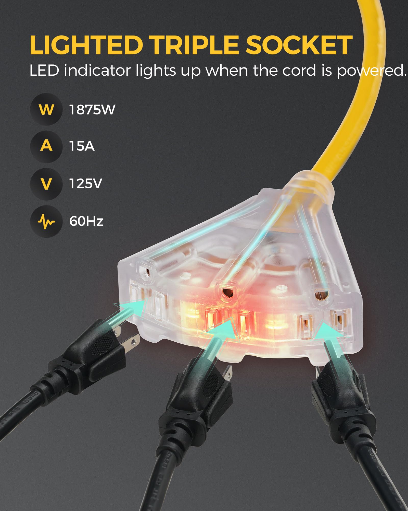 Wilawels Retractable Extension Cord Reel, 40 Ft Heavy Duty Power Cord, 12Awg/3C Sjtow, 3 Grounded Outlets Lighted Triple Tap, 15