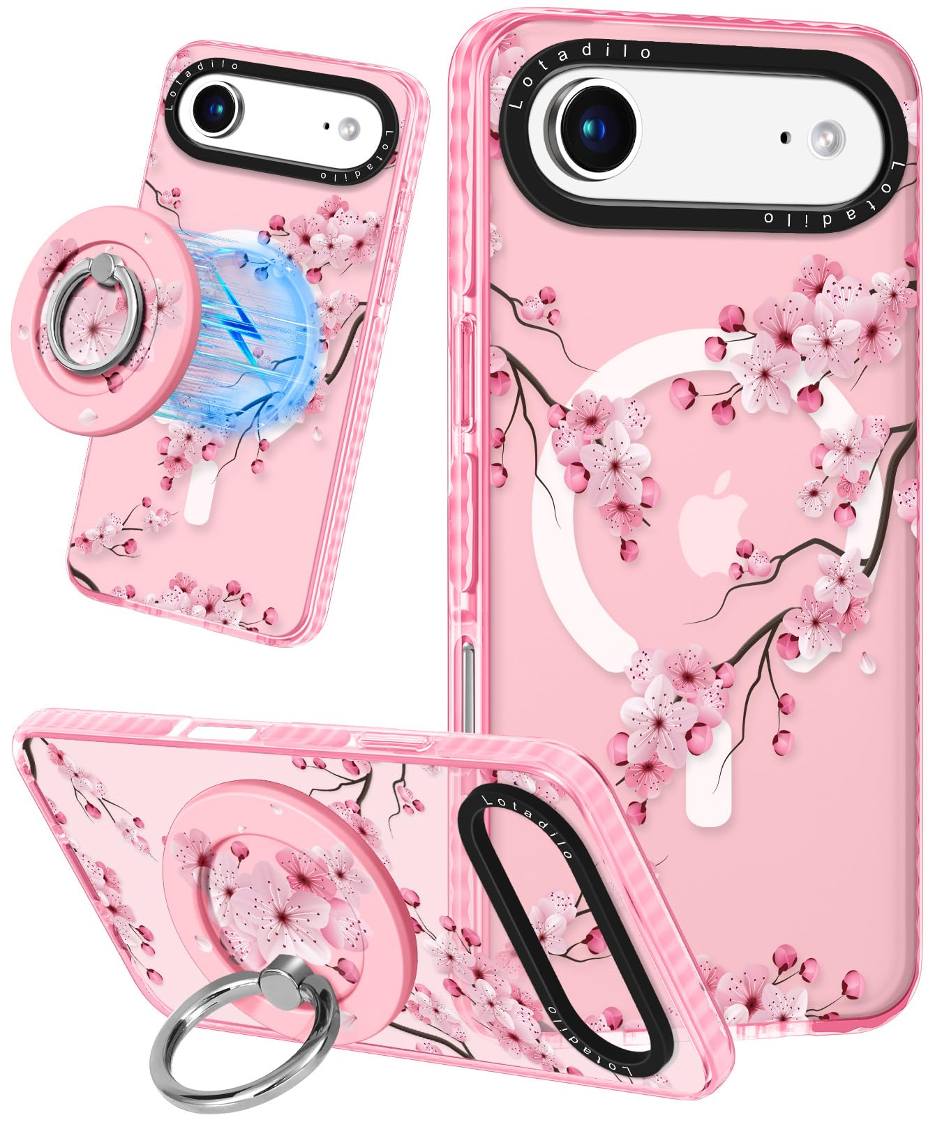 Lotadilo Case for iPhone 17 Air Case Compatible with Magsafe Ring Holder Stand - for Women Peach Blossom Design TPU Phone Cover 
