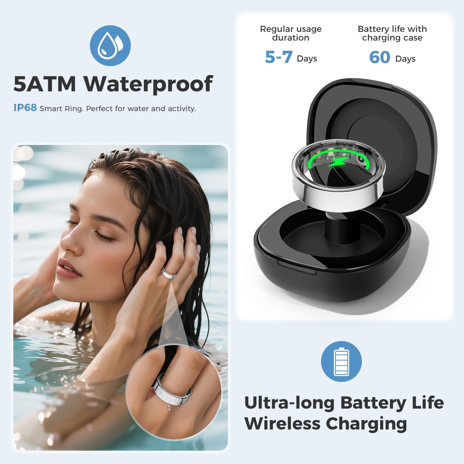 Smart Ring For Men And Women, Silver Fitness Tracker Ring With Heart Rate, Sleep Tracking, Step Counter, 170+ Activity Modes, Ge