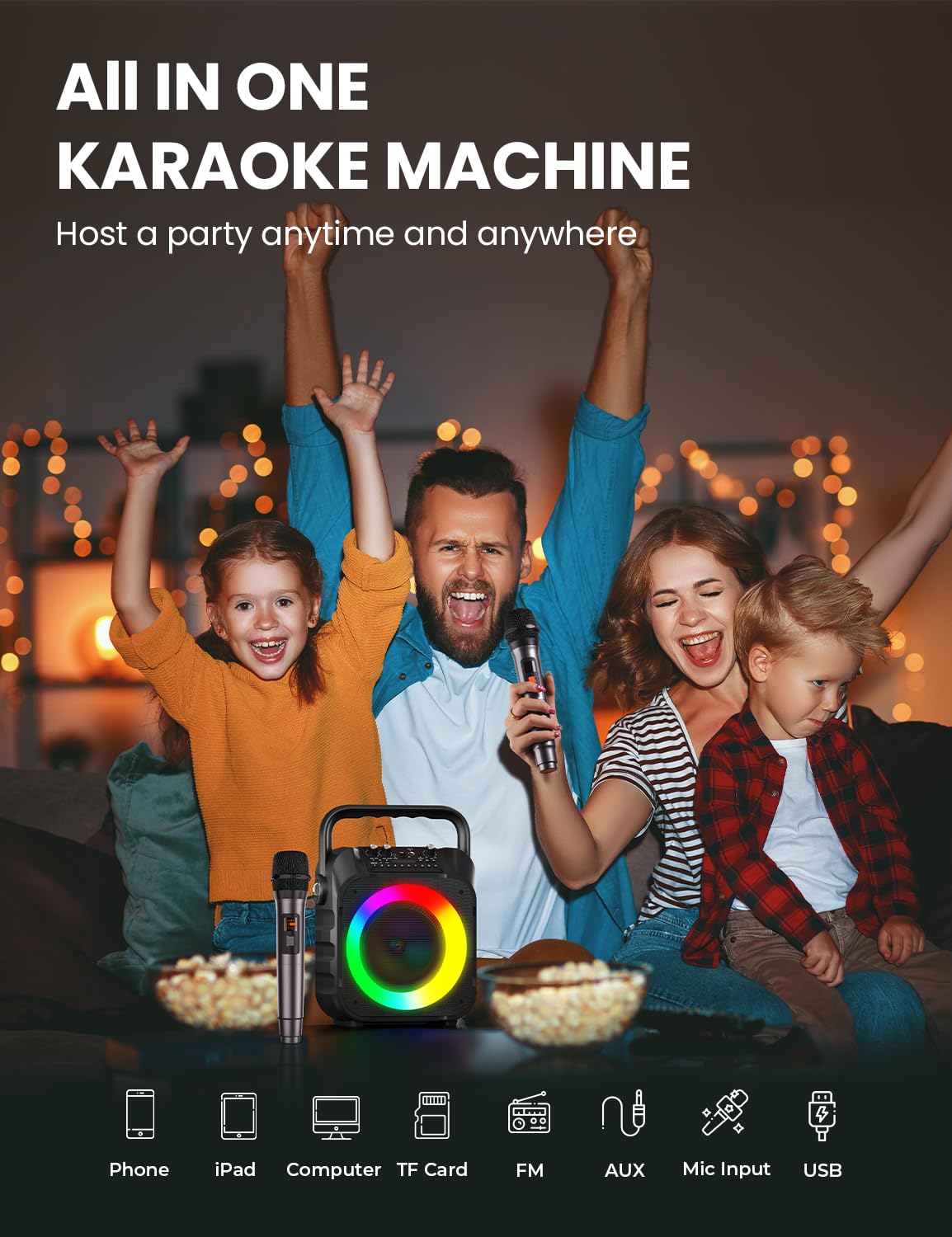 Karaoke Machine With Two Wireless Microphones, Portable Karaoke Machine For Adults & Kids, Portable Bluetooth Speaker With Pa Sy