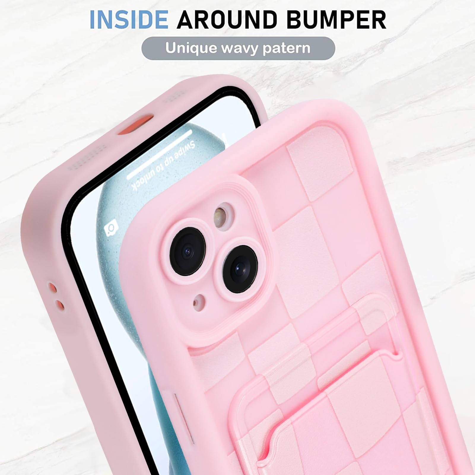 Kanghar Compatible With Iphone 15 Case, Wallet Silicone Checkered Cute Pattern, Card Holder Camera Protection Soft Slim Shockpro
