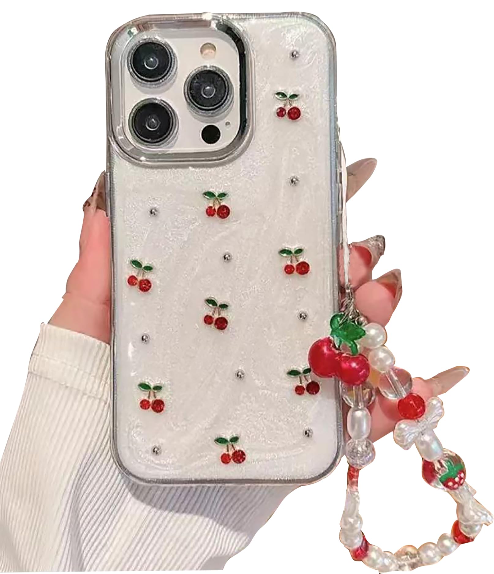 Cute Case For Iphone 16,Red Cherry Pearls With Phone Charm Chain,Pearlized Fruit Case For Women Girls Designed Shockproof
