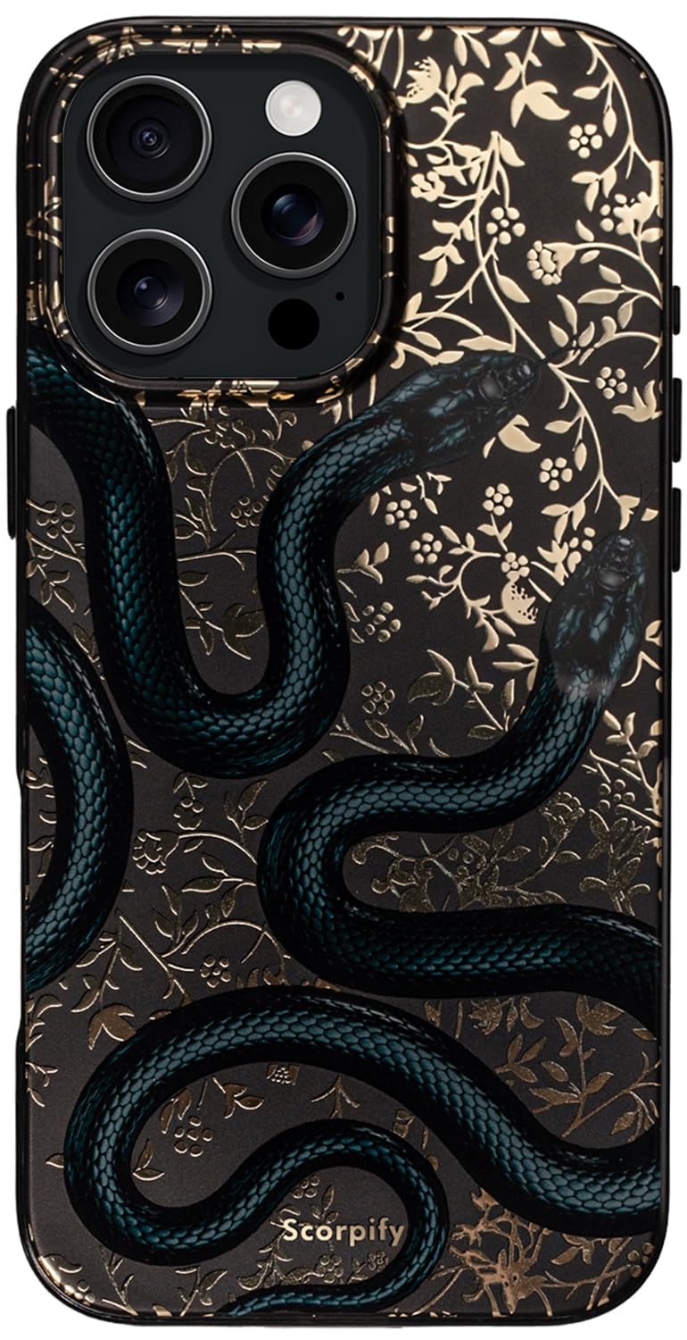 SCORPIFY for iPhone 16 Pro Case [Compatible with MagSafe] with Matte Black Double Snake Design, Cute Magnetic Phone Cover for Wo