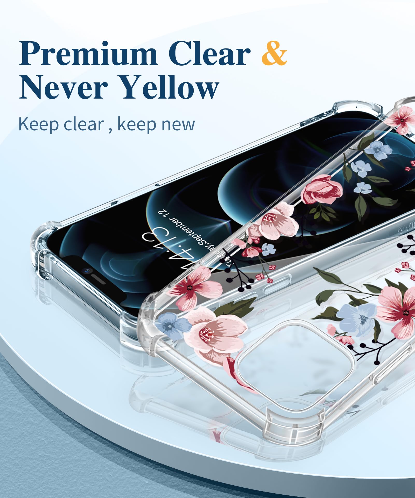 Gviewin For Iphone 12 Case And Iphone 12 Pro Case With Screen Protector + Camera Lens Protector, Clear Floral Flexible Tpu Shock