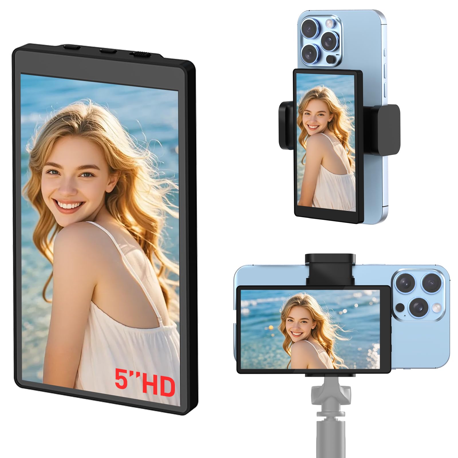 Usberg 5'' Magnetic Vlog Selfie Monitor Screen For Iphone - Back Camera Monitor W/Bluetooth Remote, Low Latency Hd Display, Scre