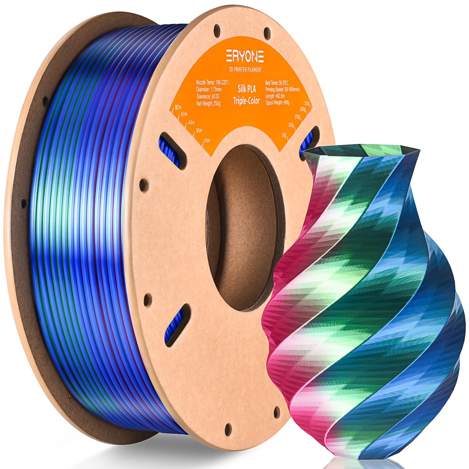 ERYONE Silk Tri Color PLA Filament 3D Printer 1.75mm +/- 0.03mm, Multicolor Filament Tricolor PLA 250G(0.55lbs) Cardboard Spool,