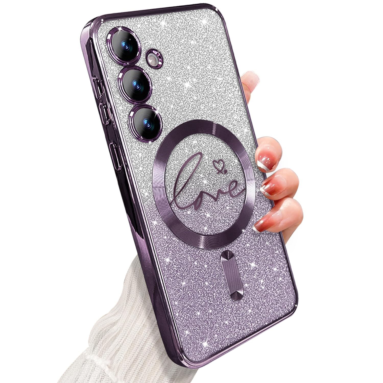 Zonrw For Samsung Galaxy S24 Plus Case Magnetic,For Women Girl Soft Cute Luxury Love Heart Plating Bling Glitter Gradient Clear