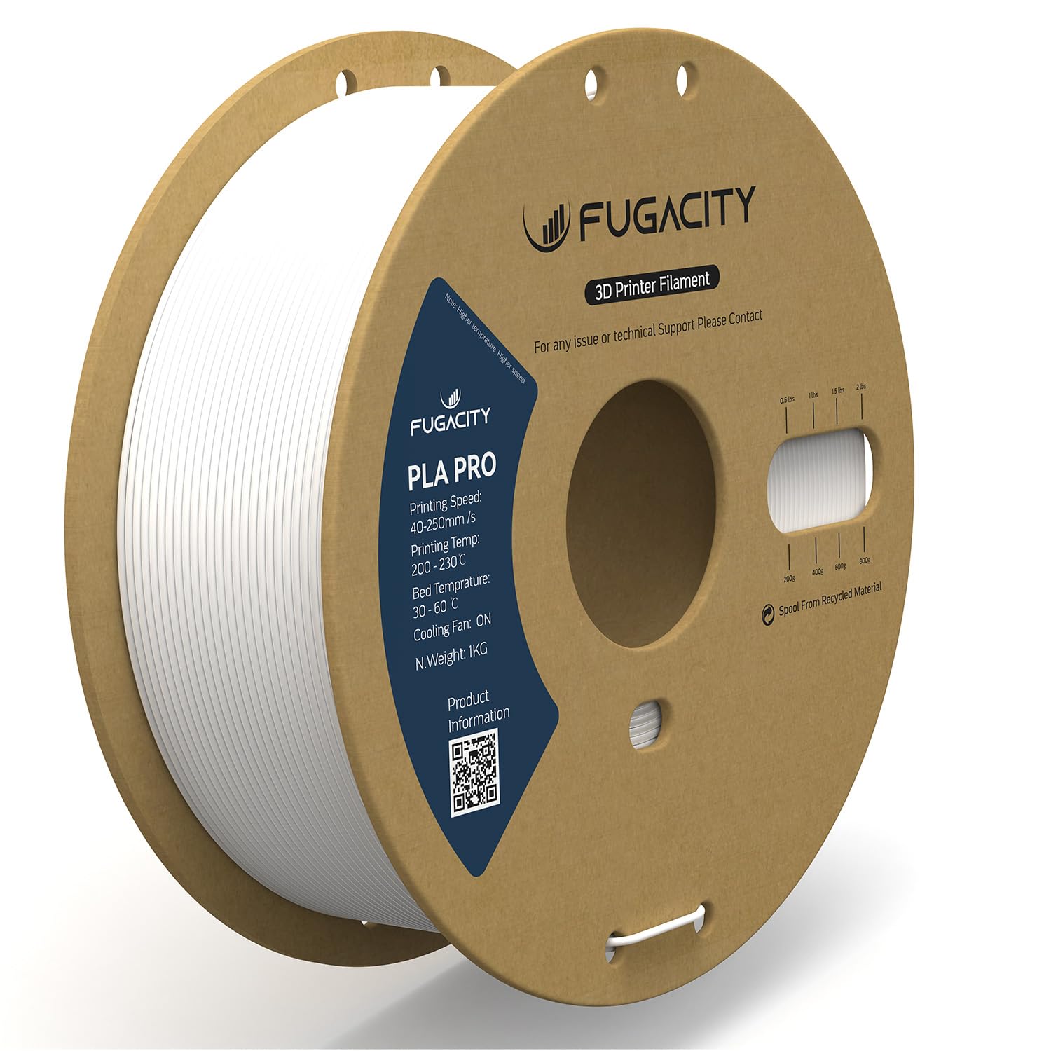 Fugacity PLA Filament 1.75mm, White 3D Printer Filament 1KG Spool (N.W 2.2lbs), Dimensional Accuracy +/- 0.02mm, Enhanced Printi