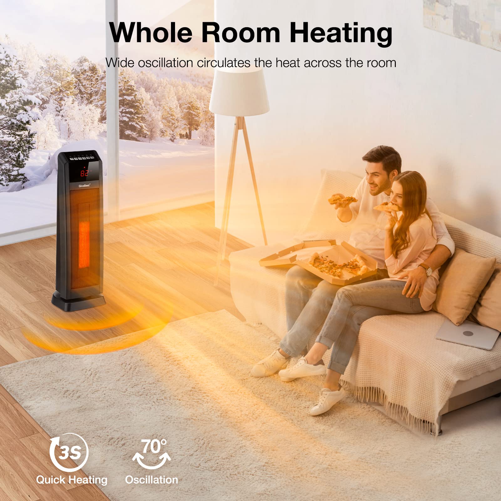 Givebest Space Heater For Large Room, 24'' Ceramic Tower Heater With Remote Control 1H To 8H Timer Etl Certified Digital Oscilla