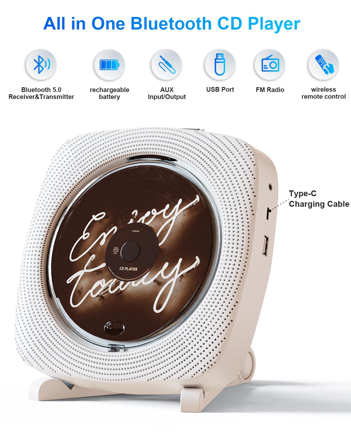 Portable Cd Player With Speakers Rechargeable, Boombox Cd Player For Home And Car, Fm Radio, Usb And Aux Ports, Remote Control,