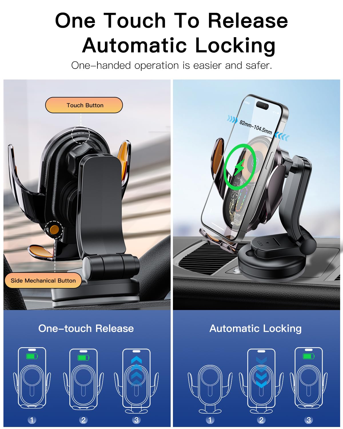 Wireless Car Charger, Essager 15W Fast Charging Car Phone Holder Mount Auto Clamping Cell Phone Stand For Iphone 15 14 13 12 11