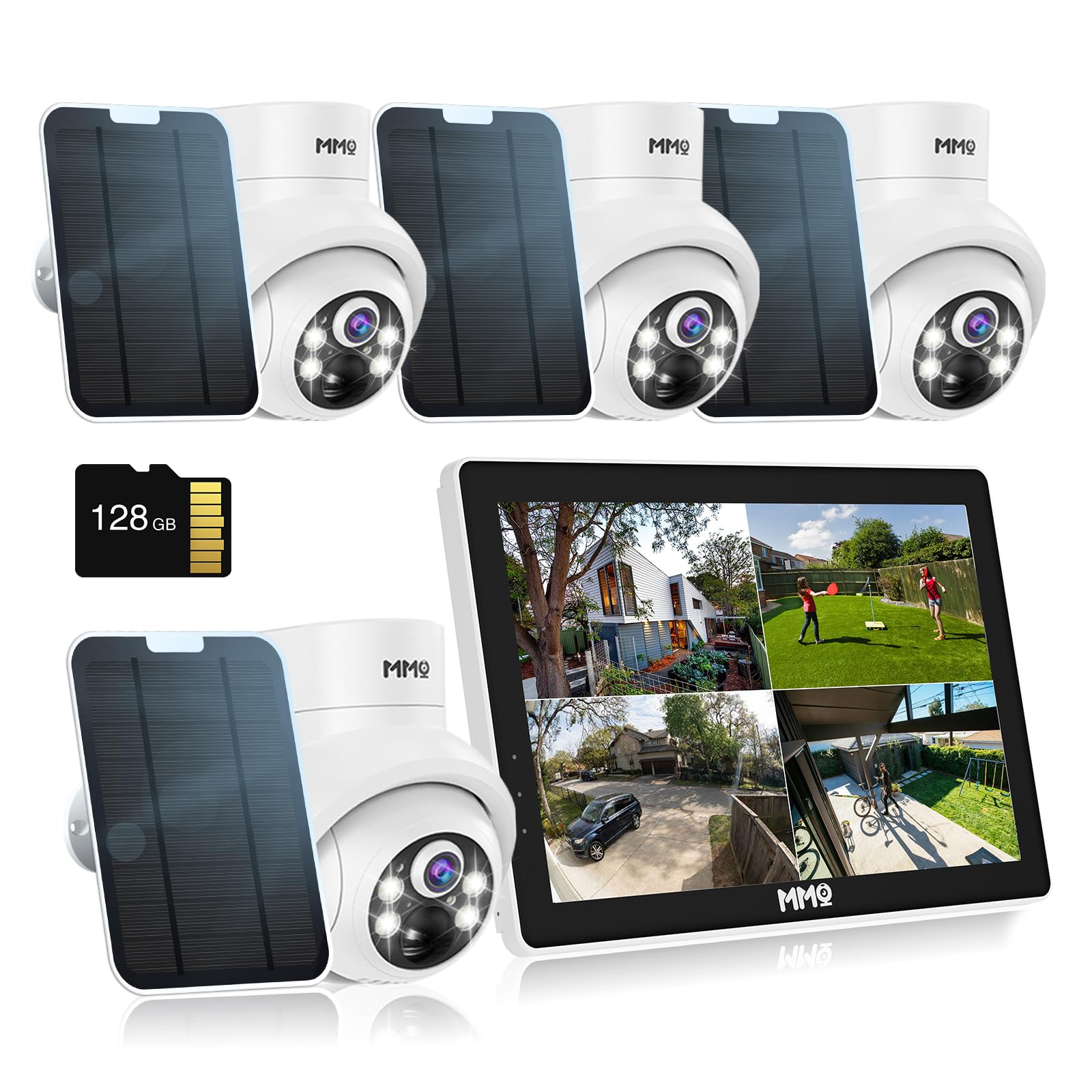 Solar Security Camera System Outdoor With 10In Lcd Monitor,4 Cam Kit Wireless, Battery Powered Cameras For Home Security With 12