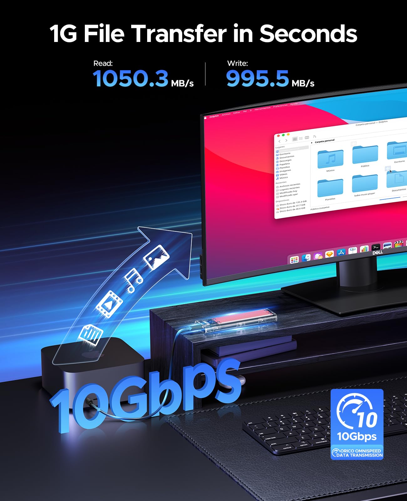 ORICO M.2 NVMe SSD Enclosure, USB 3.2 Gen 2 (10 Gbps), Transparent External Solid State Drive Adapter Enclosure for 2280 2260 2242 2230 PCI E M2 M Key SSD, USB Type C Converter Case TCM2 Black