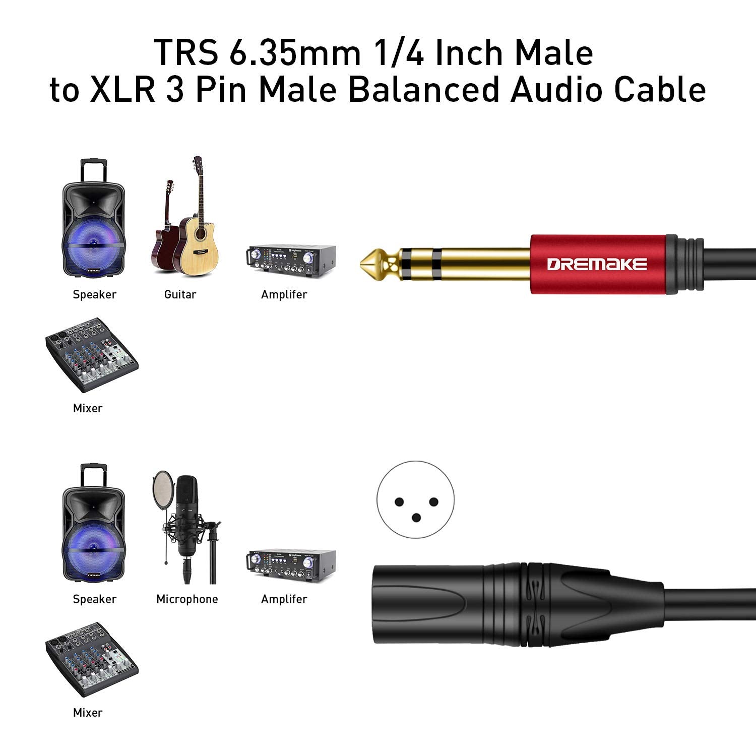 Dremake 10 Foot Trs Stereo 6.35Mm 1/4 Inch To Xlr Balanced Mic Cable Male To Male Audio Patch Cord For Speakers, Amplifier