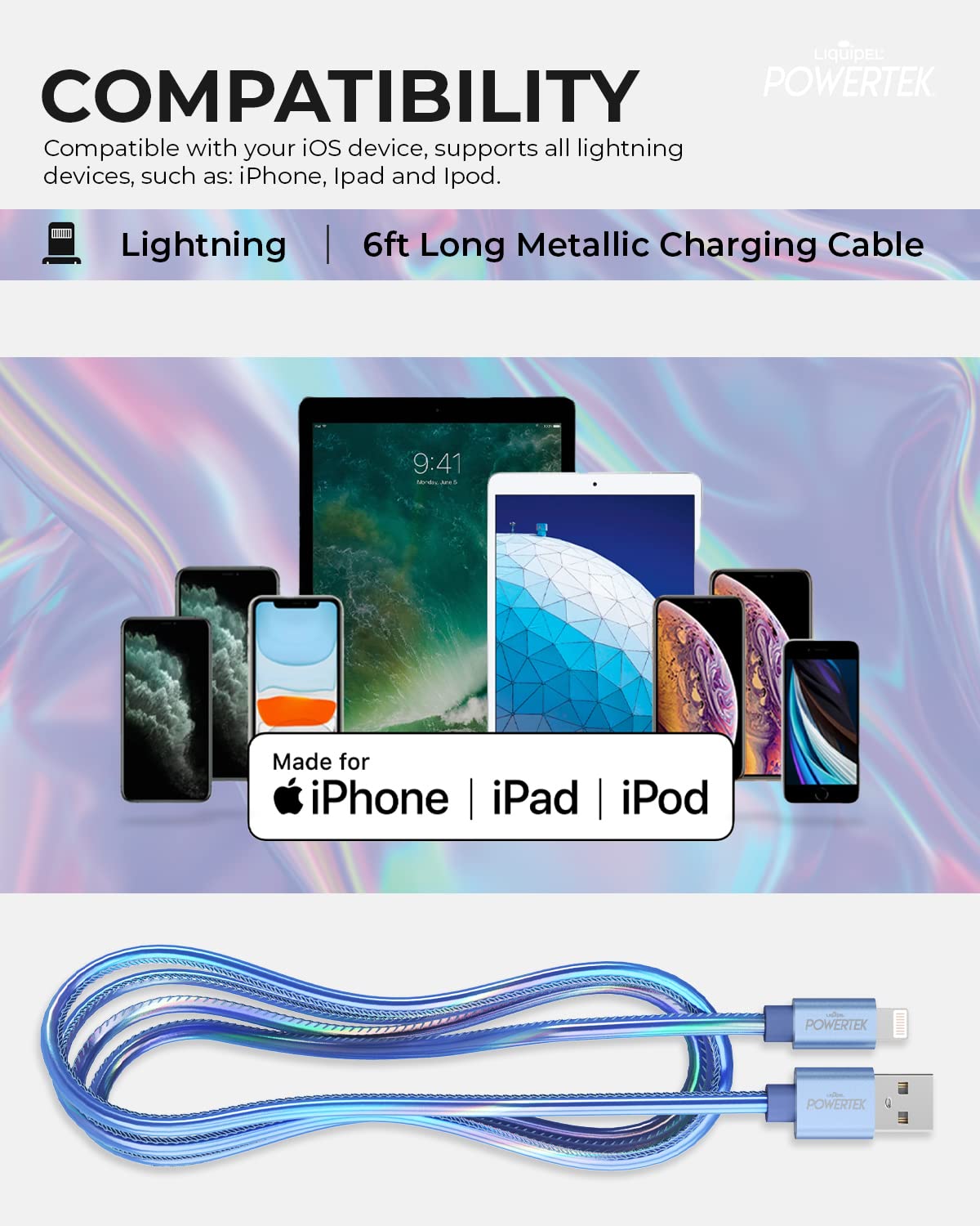 Liquipel Powertek Iphone Charger Cable, 6 Ft Fast Charging Lightning To Usb Cord Adapter, Compatible For Ipad, Mfi Certified, Metallic Shine (Light Blue)