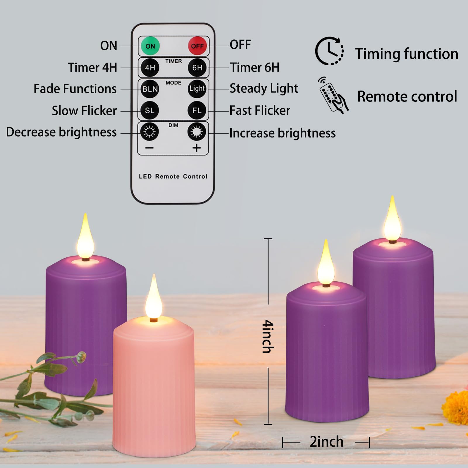 Yunsheng Flameless Advent Candles Purple And Pink, 4 Inch Battery Operated Led Advent Pillar Candles With Remote Timer, 350+ Hou