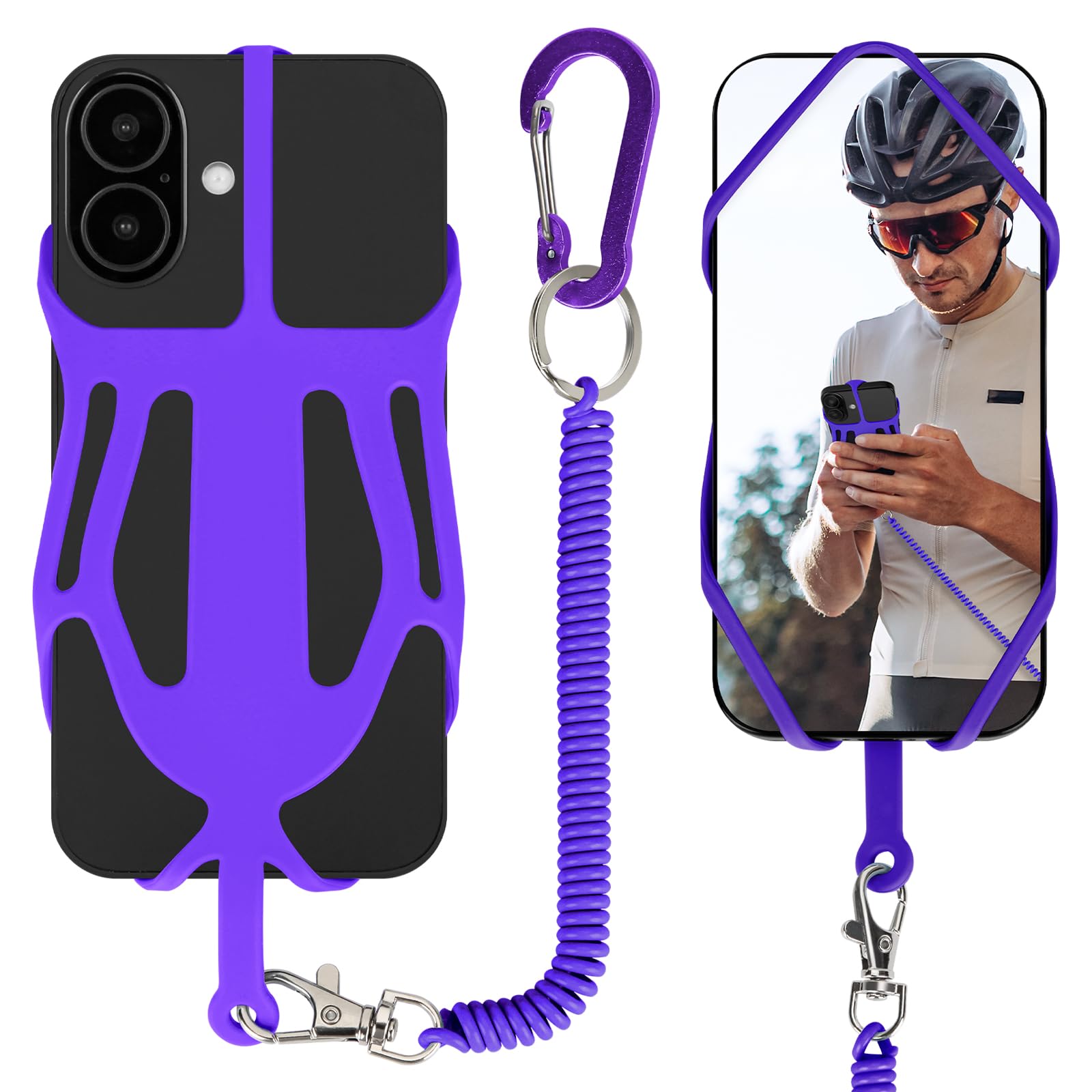 HOTEMIA Silicone Phone Lanyard Holder with Carabiner, Universal Phone Strap,Anti-Theft Phone Case with retractable tether (Purpl