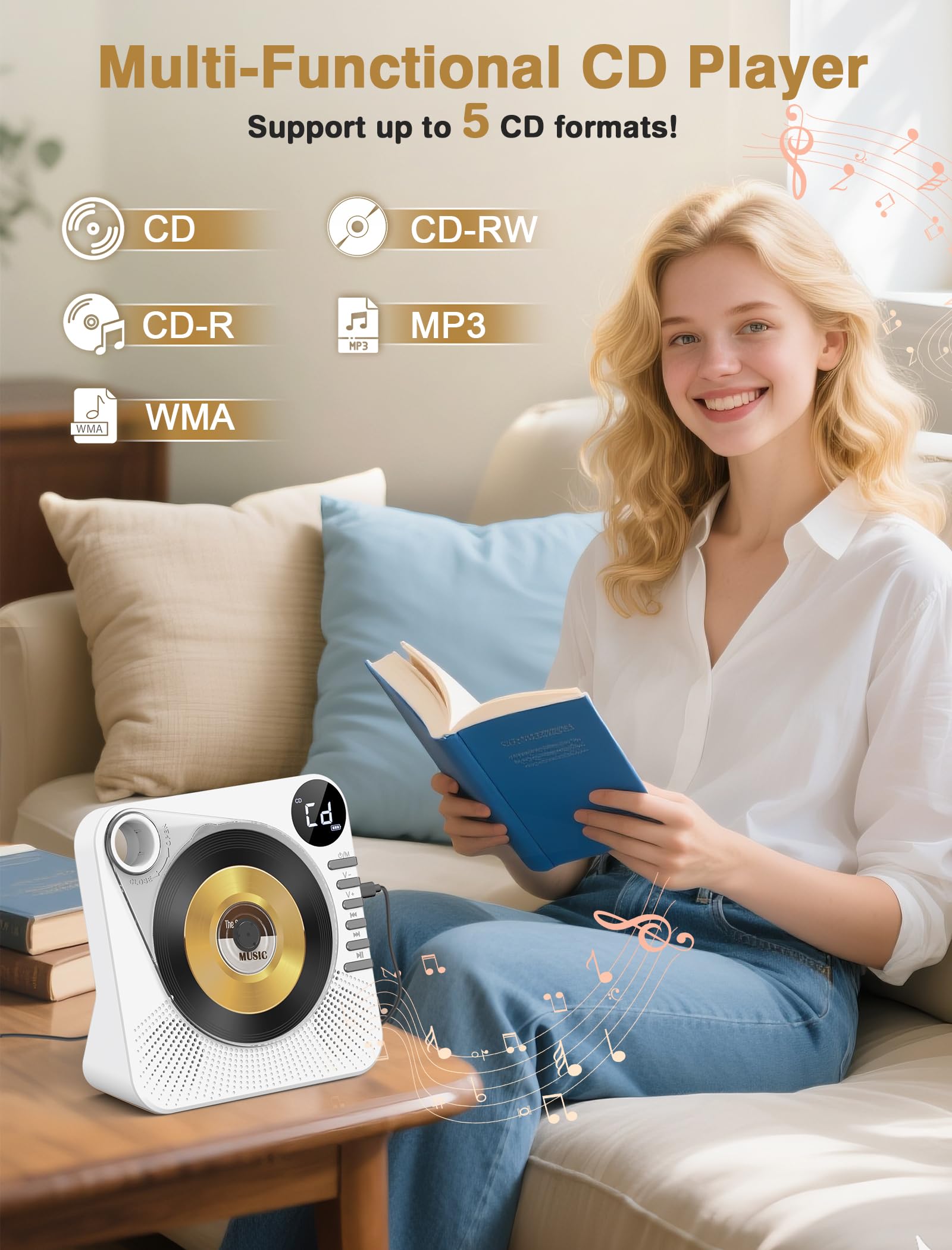 Desktop Cd Player Bluetooth With Hifi Dual Speaker, Cd Player For Home With Remote Control,Dust Cover,Lcd Display,Sleep Timer,Eq