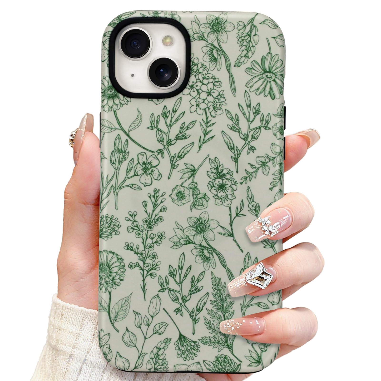 SOKAD Magnetic Sage Floral Phone Case for iPhone 14, Vintage Green Flower Pattern Compatible with Magsafe Matte Protective Case 