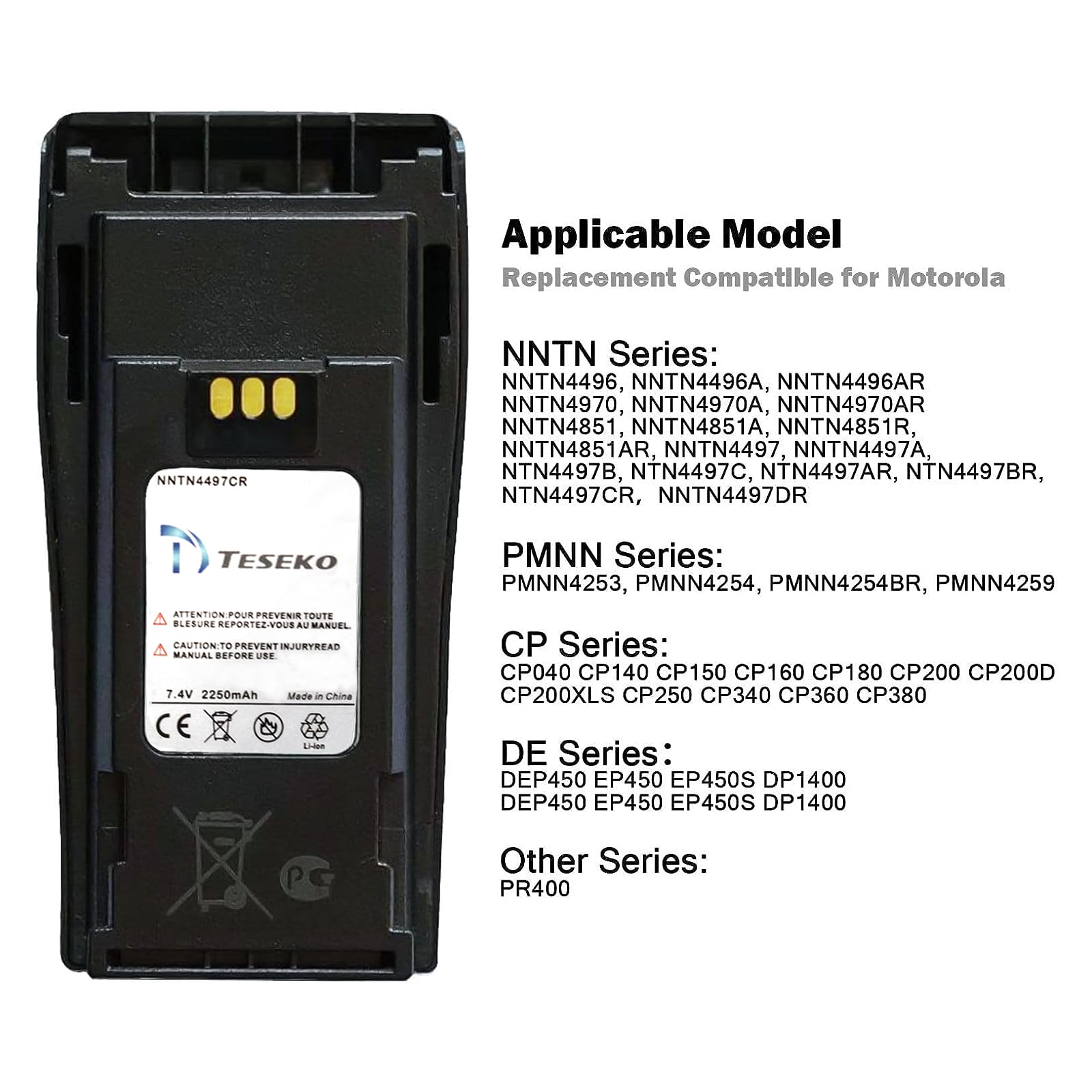 Teseko Nntn4497Cr Nntn4497Dr Nntn4496 7.4V 2250Mah Li Ion Battery For Motorola Cp040 Cp140 Cp150 Cp160 Cp180 Cp200 Cp200D Cp250