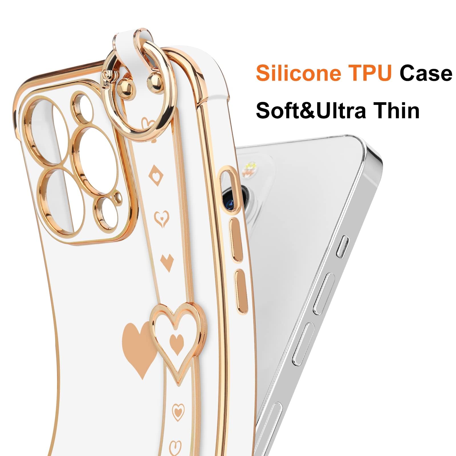 Llz.Coque For Iphone 13 Pro Case Cute Love Heart Plating Strap Phone Cover For Women Girls Bling Soft Silicone Camera Lens Prote