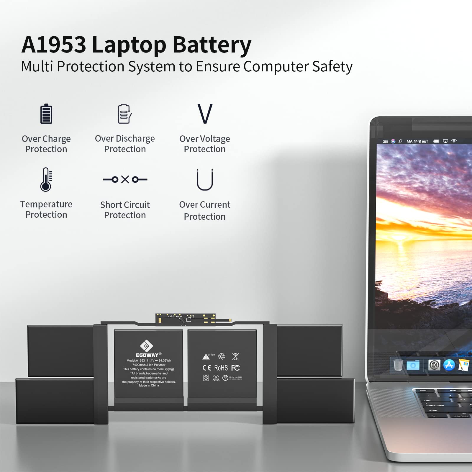 A1990 Laptop Battery, Egoway A1953 Replacement For Macbook Pro 15 Inch Touch Bar A1990 (Mid 2018, 2019), Emc 3215 3359