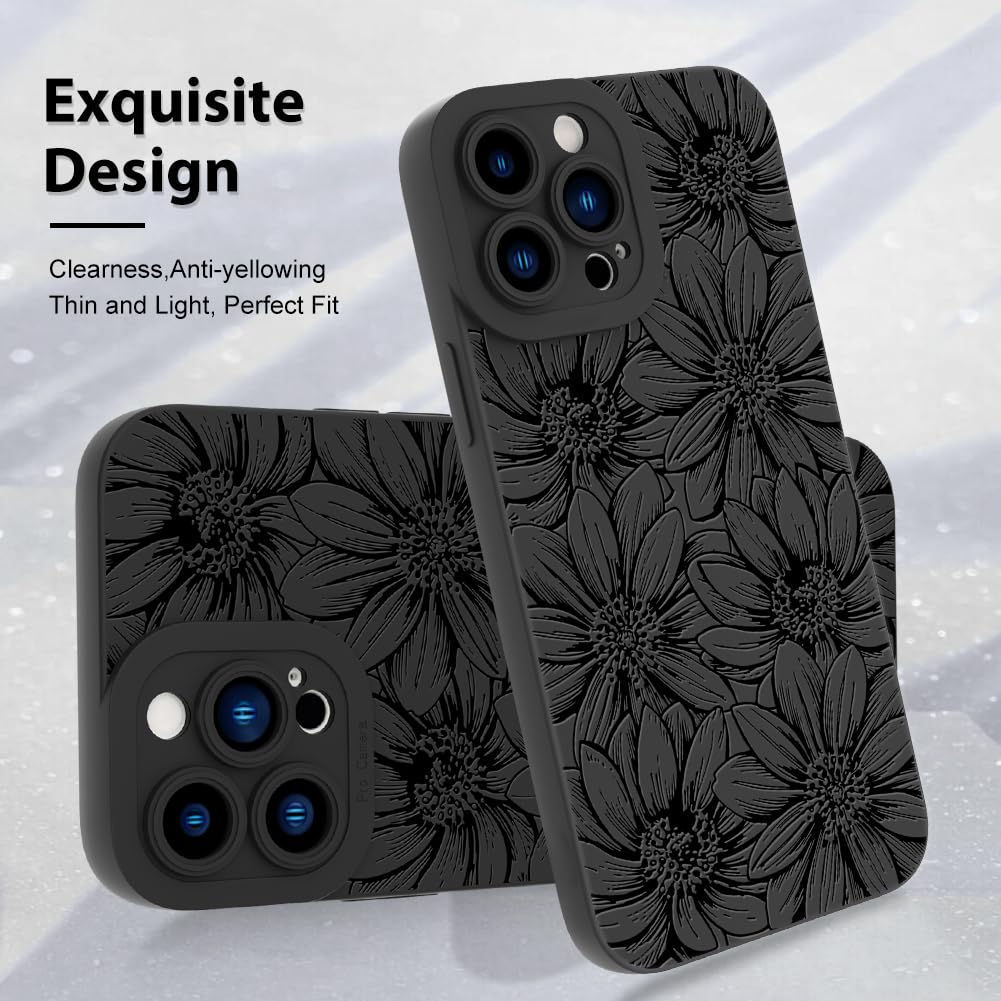 Mzelq For Iphone 15 Pro Max Case, Silicone Black Floral Flowers Sunflowers Cute Pattern, Camera Protection Soft Slim Phone Case