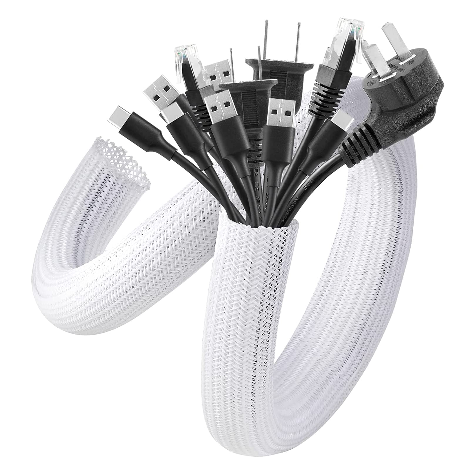 Agptek White Cable Sleeve Cover, 2Pack 5Ft   1.8 Inch Cord Management Wire Organizer Under Desk, Home Office Computer Wire Cover