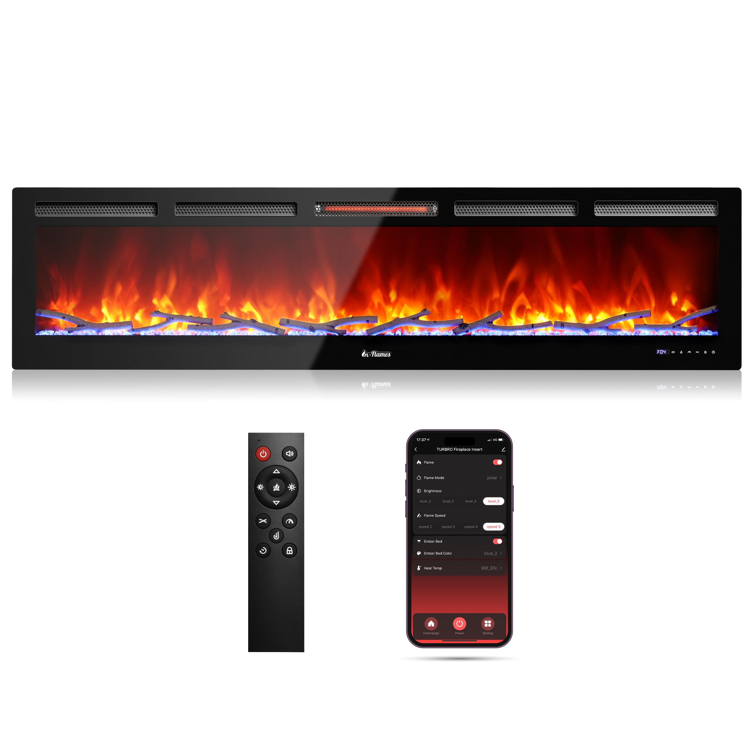 Turbro 72    Smart Wifi Infrared Electric Fireplace With Sound Crackling And Realistic Flame, 1500W Quartz Heater, Recessed Or W