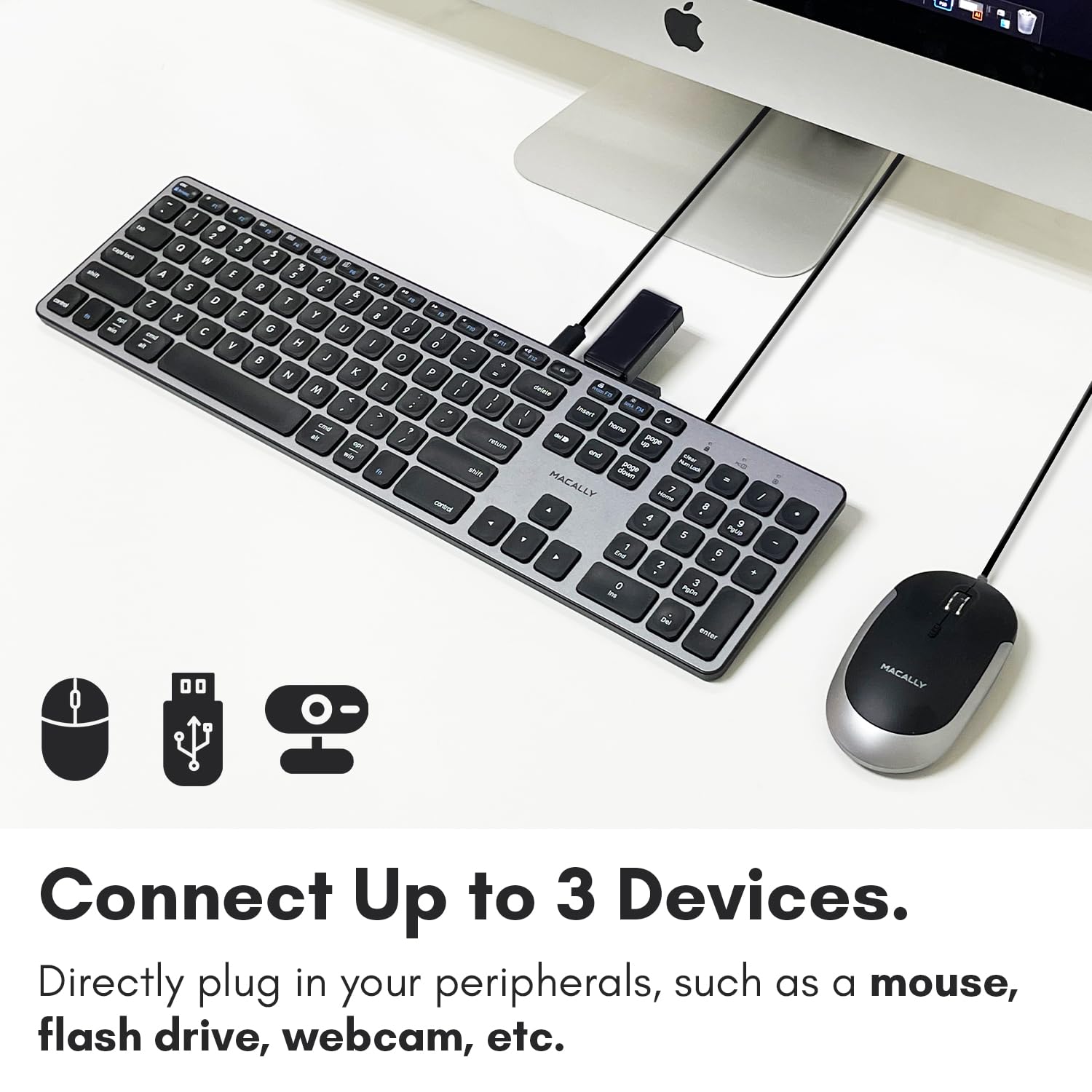 Macally Premium Wired Usb C Keyboard With Usb Ports   Connect Up To 3 Devices   (2X Usb A |1X Usb C Ports)   Wired Keyboard For