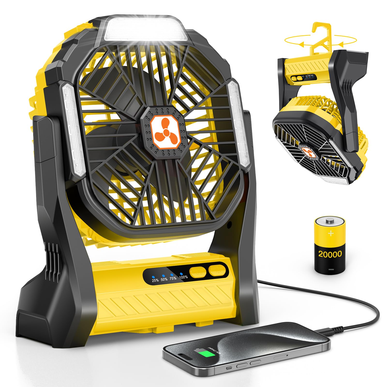 Portable Fan Rechargeable, 20000mAh Cordless Battery Powered Fan with LED Lantern, USB C Battery Operated for Travel Bedroom Hom