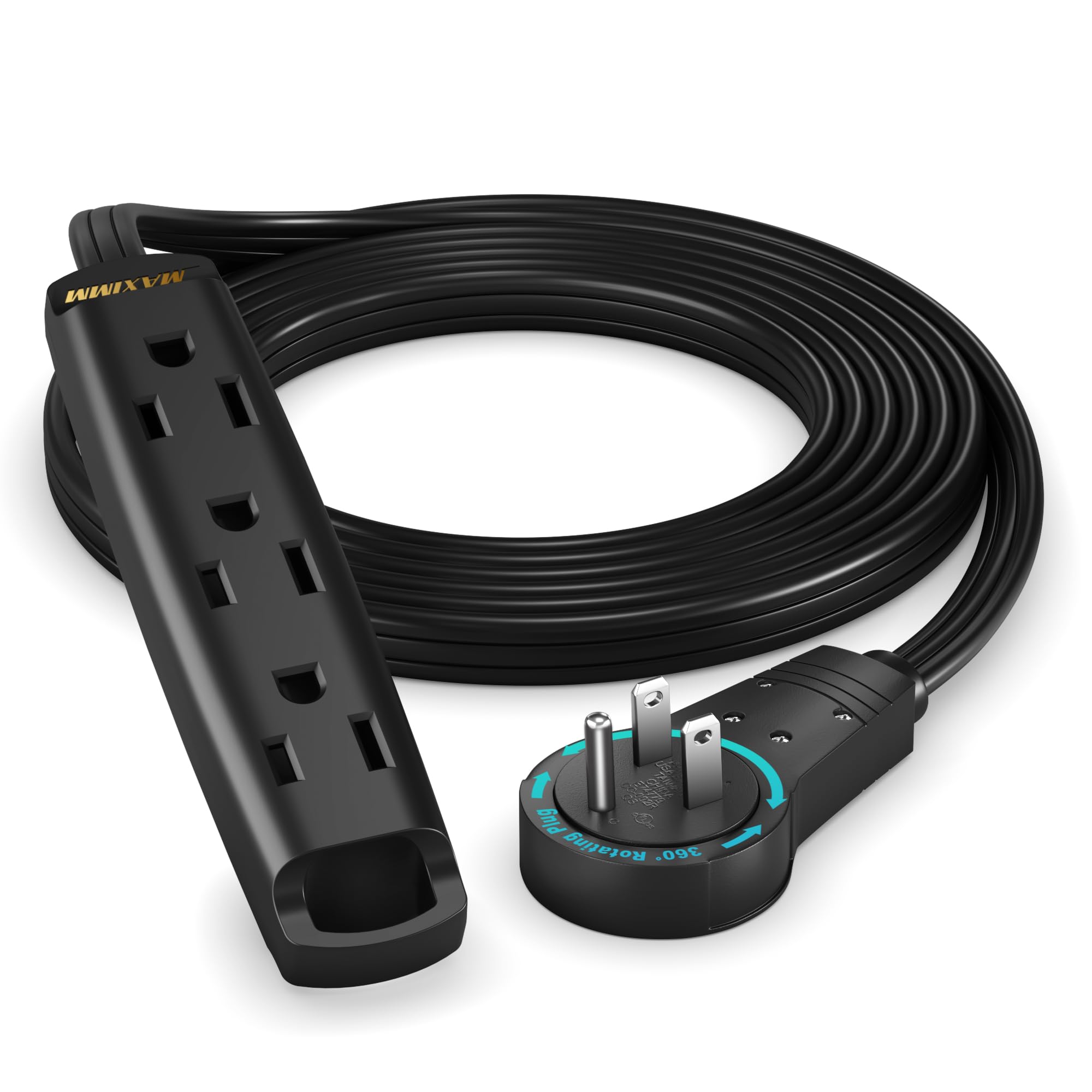 Maximm 6 Ft Black 360 Rotating Flat Plug Extension Cord With 3 Outlets On One Side, Space Saving Design For Compact Areas, Home