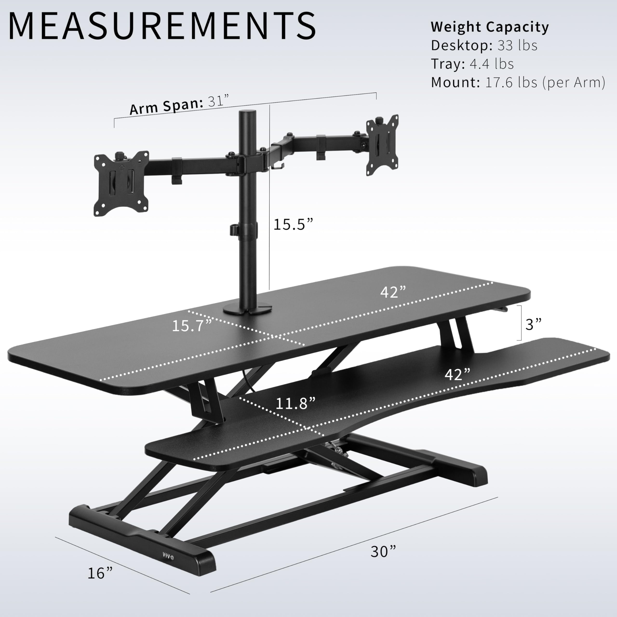 VIVO Height Adjustable 42 inch Standing Desk Converter with Dual 13 to 30 inch Monitor Stand, Sit Stand Monitor Mount and Desk Riser, Black, DESK V042KB M2