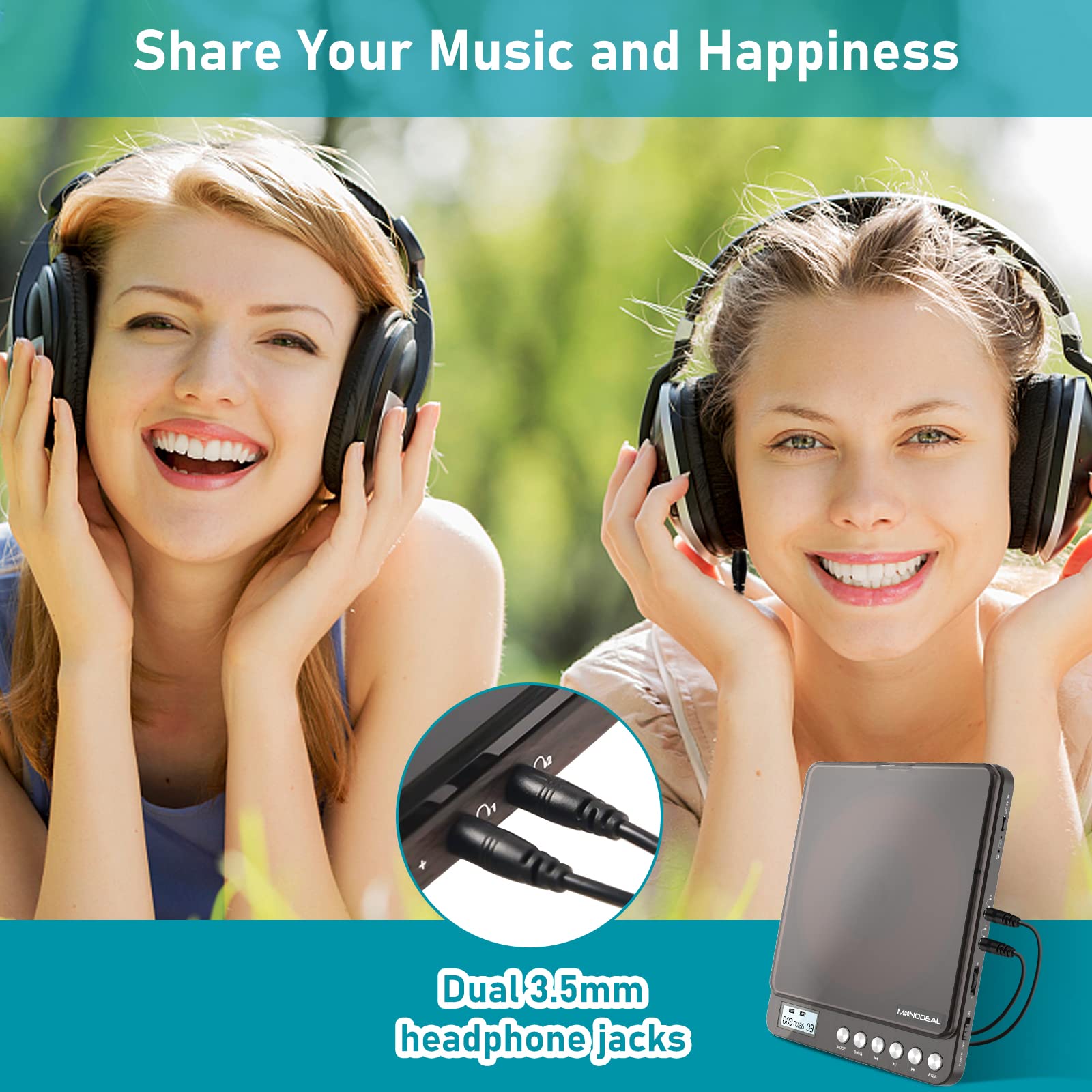 Cd Player Portable, Monodeal Portable Rechargeable Cd Player With Dual Headphones Jack, Small Anti Skip Cd Player For Car/Travel/Home Portable, Personal Cd Player For Adults Kids (Dark Brown)