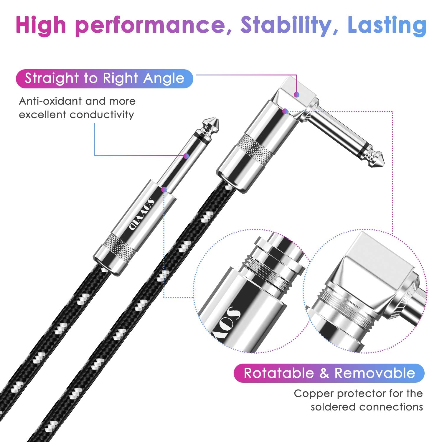 Sovvid Guitar Cable 10Ft Instrument Cable Guitar Cord Electric Guitar Cable Guitar Amp Cord For Bass Guitar Keyboard 1/4 Inch Cable Right Angle Black White