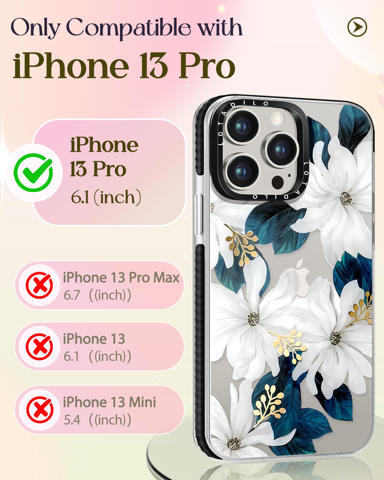 Lotadilo For Iphone 13 Pro Max Case For Women Girls - Cute Design Compatible With Magsafe Magnetic Ring Holder Stand Blue Flower