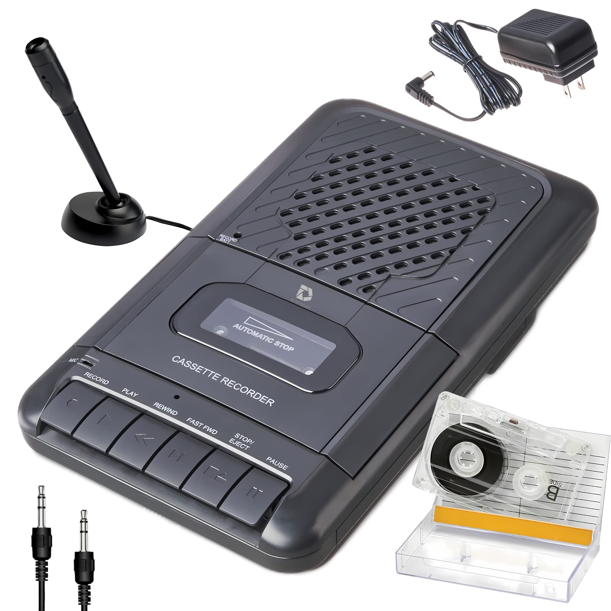 Deluxe Products Portable Cassette Player Tape Recorder. Record To Cassettes Via Mic Or Aux In. Built In Speaker To Listen To Cas