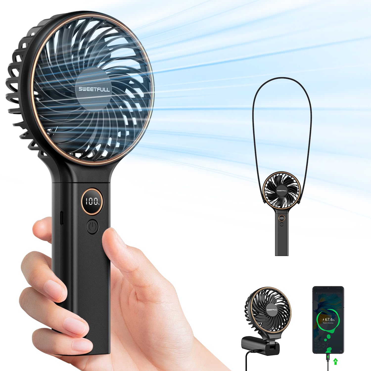 Sweetfull Handheld Fan, Portable Fan, 5000Mah Rechargeable Battery, 6 Speed Wind, Led Display, Personal Mini Travel Fan With Bac