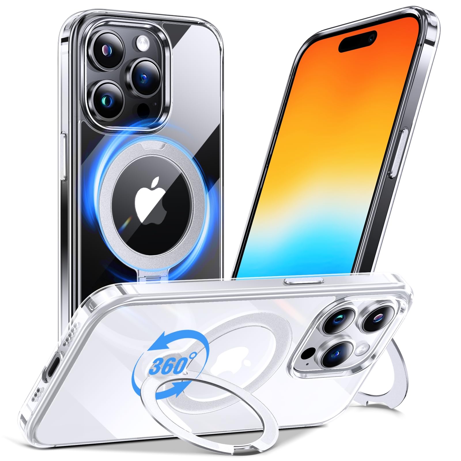 Anqrp 360 All-in-ONE Crystal Clear Case for iPhone 15 Pro with Rotatable Magnetic Stand, Compatible with MagSafe, Anti-Yellowing