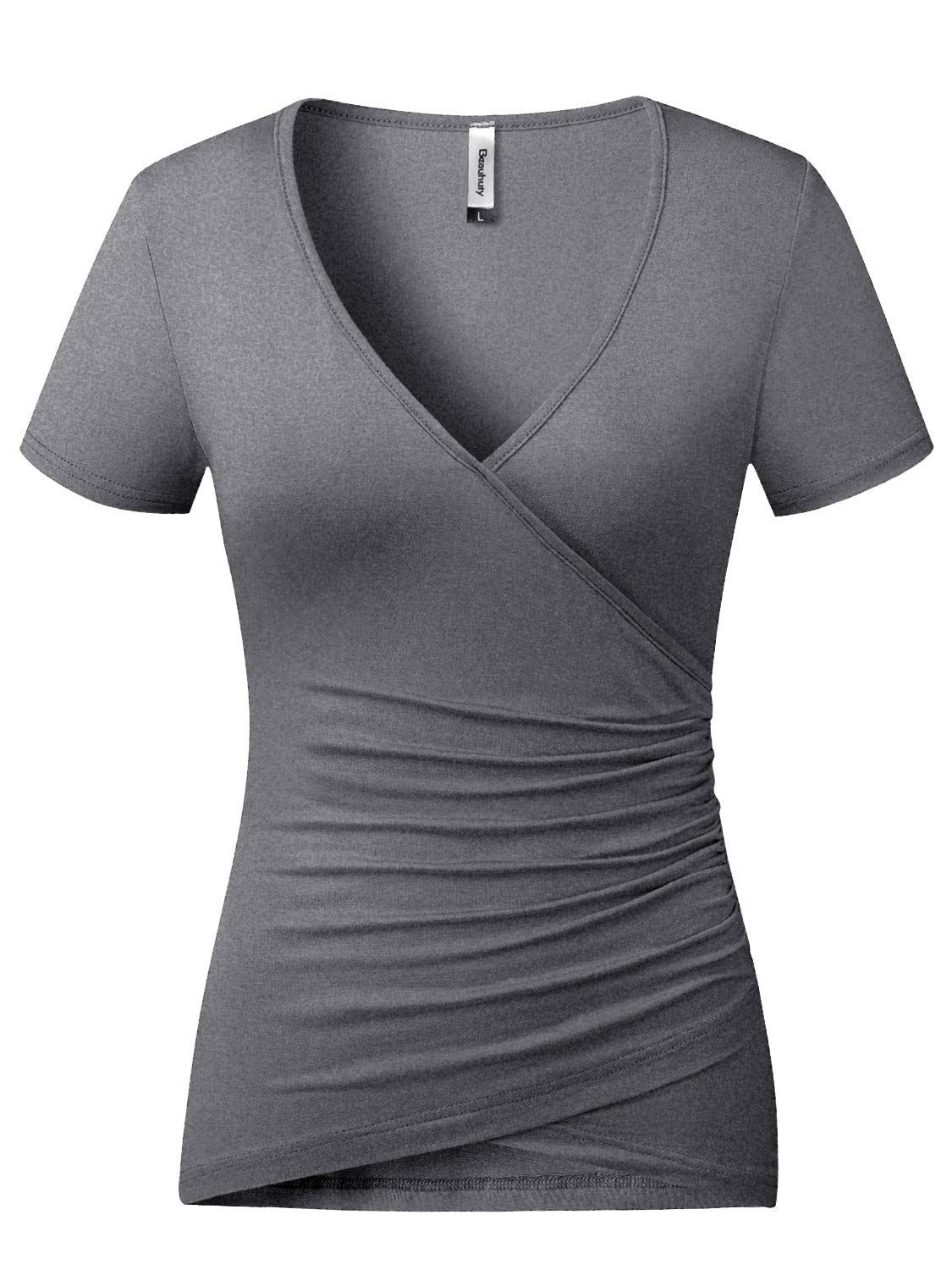 Beauhuty Womens T Shirts Short Sleeve Deep V Neck Slim Fitted Front Surplice Wrap Tees Ruched Top (Xl, Short Heather Grey)